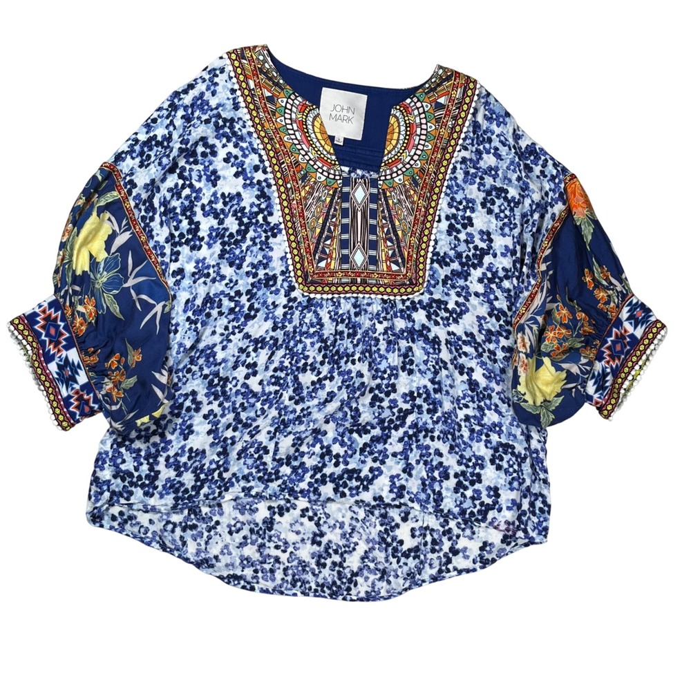 John Mark Mixed Print Top Women Small Blue Floral Embroidered Boho Colorful